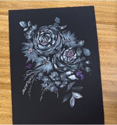 Watercolor Roses Bouquet on Black Paper