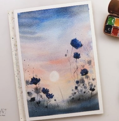 Watercolor Sunset with Flowers Landscape