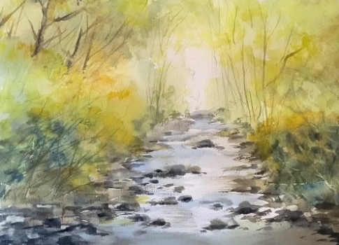 sunlit Woodland Stream Watercolour Landscape