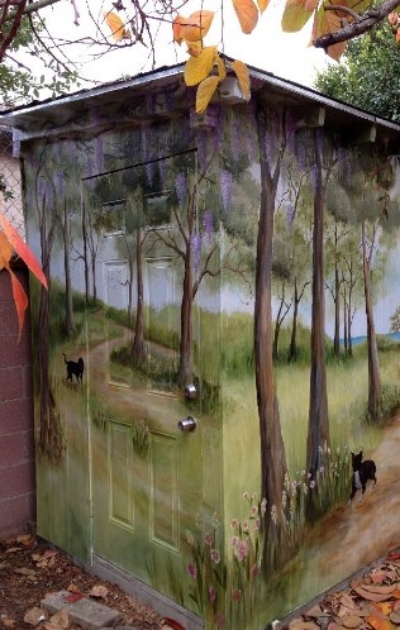 Rustic landscape scenery on a garden shed