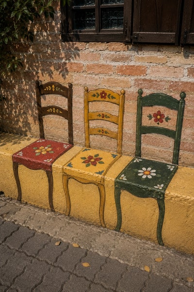 fun-painted-chairs-on-bench-garden-idea