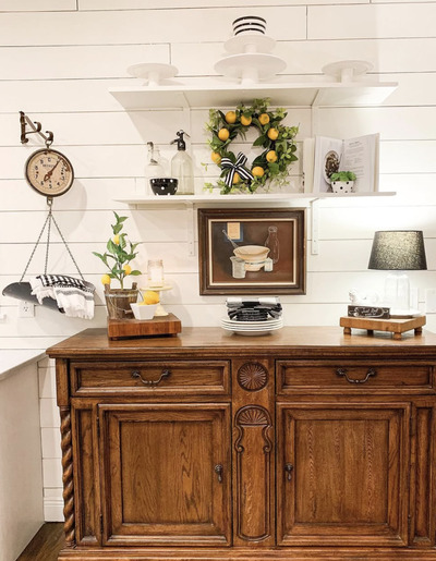 Using-the-Lower-Part-of-the-Hutch-as-a-Kitchen-Styling-Table-in-a-Wood-Stain