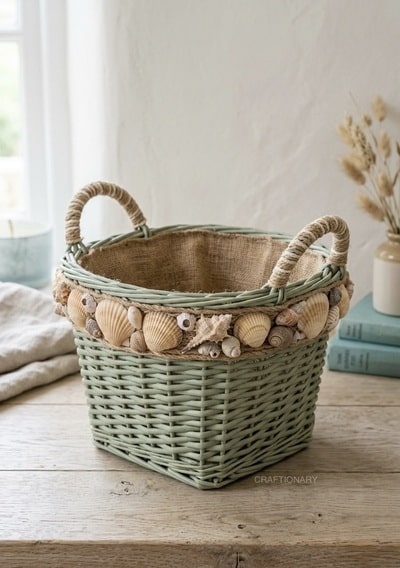 decorate-wicker-basket-with-burlap-and-seashells