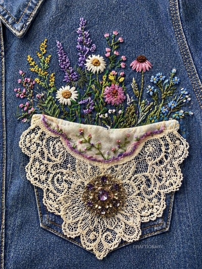 hand-embroidered-denim-jacket-pocket-full-of-posies-with-vintage-lace-and-old-brooch