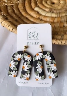 Black and white floral clay earrings