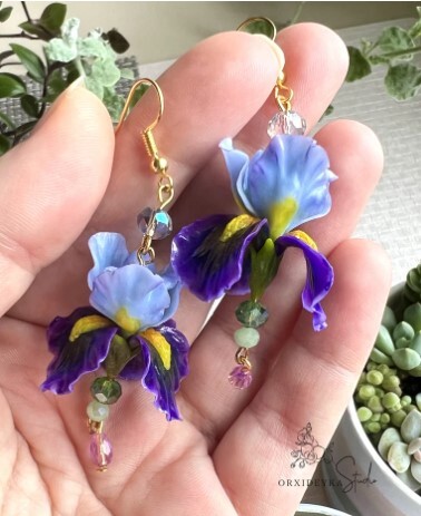 Realistic Blue and Violet Iris Earrings