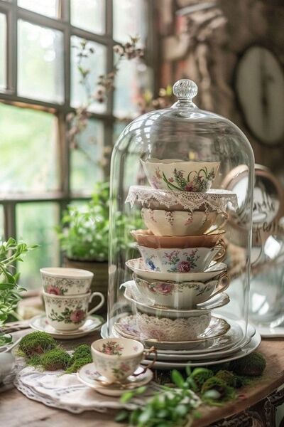 beautiful-glass-dome-stacked-vintage-teacups-display