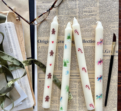 Winter-Wonderland-Candles-Snowflakes-pine-trees-candy-cane-gingerbread-man-hand-painted-candles-diy