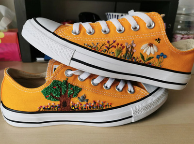 Mini-Landscape-Embroidery-with-Trees-and-Gardens-on-Orange-Low-Tops