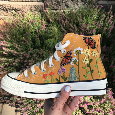 Monarch-Butterfly-with-Wildflower-Accents-on-Mustard-High-Top-shoes