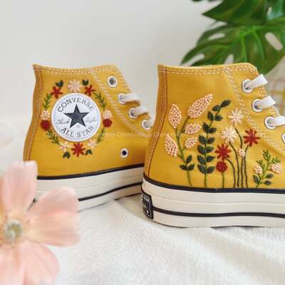 hand-embroidered-Abstract-Warm-Floral-Patterns-on-Yellow-High-Tops