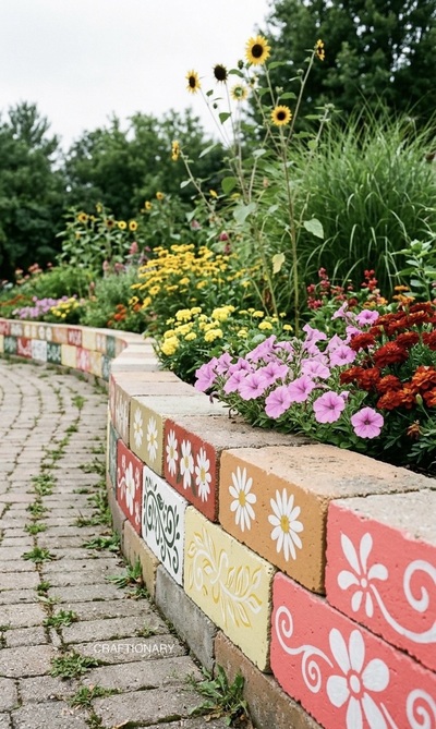 painted-bricks-flower-bed-diy-garden