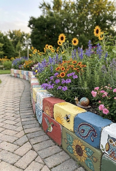 painted-bricks-flower-bed-diy