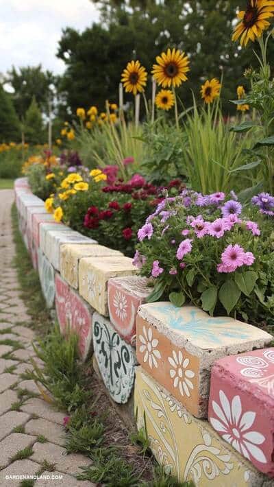 painted-bricks-garden-flower-bed-wall-diy