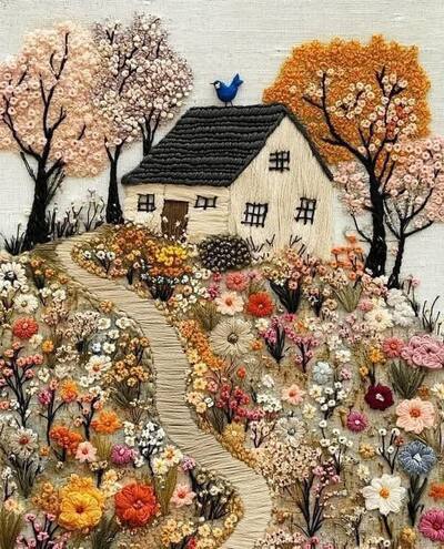 rustic-cottage-satin-stitched-flowers-garden-embroidery-idea