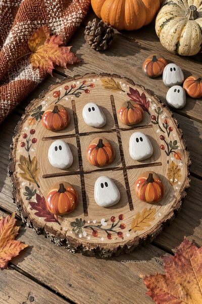 ghost-and-pumpkin-rock-painted-wood-slice-tic-tac-toe-board-game