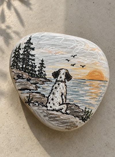 doodles-dog-and-suset-sunrise-painted-rock-art