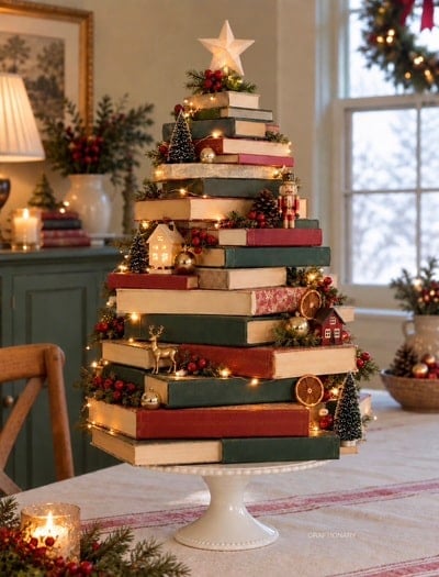 old-books-stacked-to-make-christmas-tree-craft