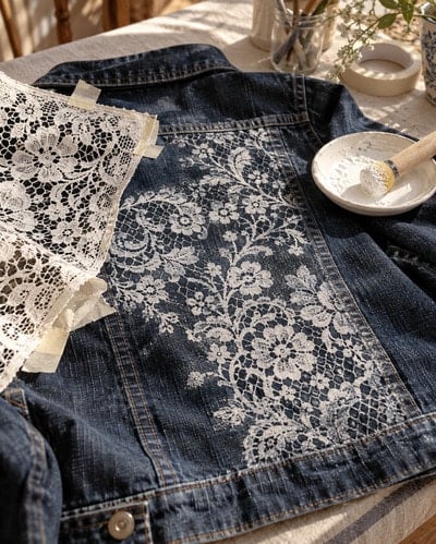 using-lace-as-stencil-to-paint-on-denim-fabric-painting-idea
