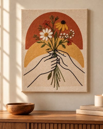 Hands-Holding-Flowers-Boho-Line-Art-embroidered-canvas-art