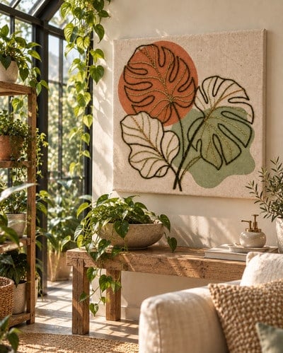 Terracotta-and-Sage-Botanical-Leaf-embroidered-canvas-art